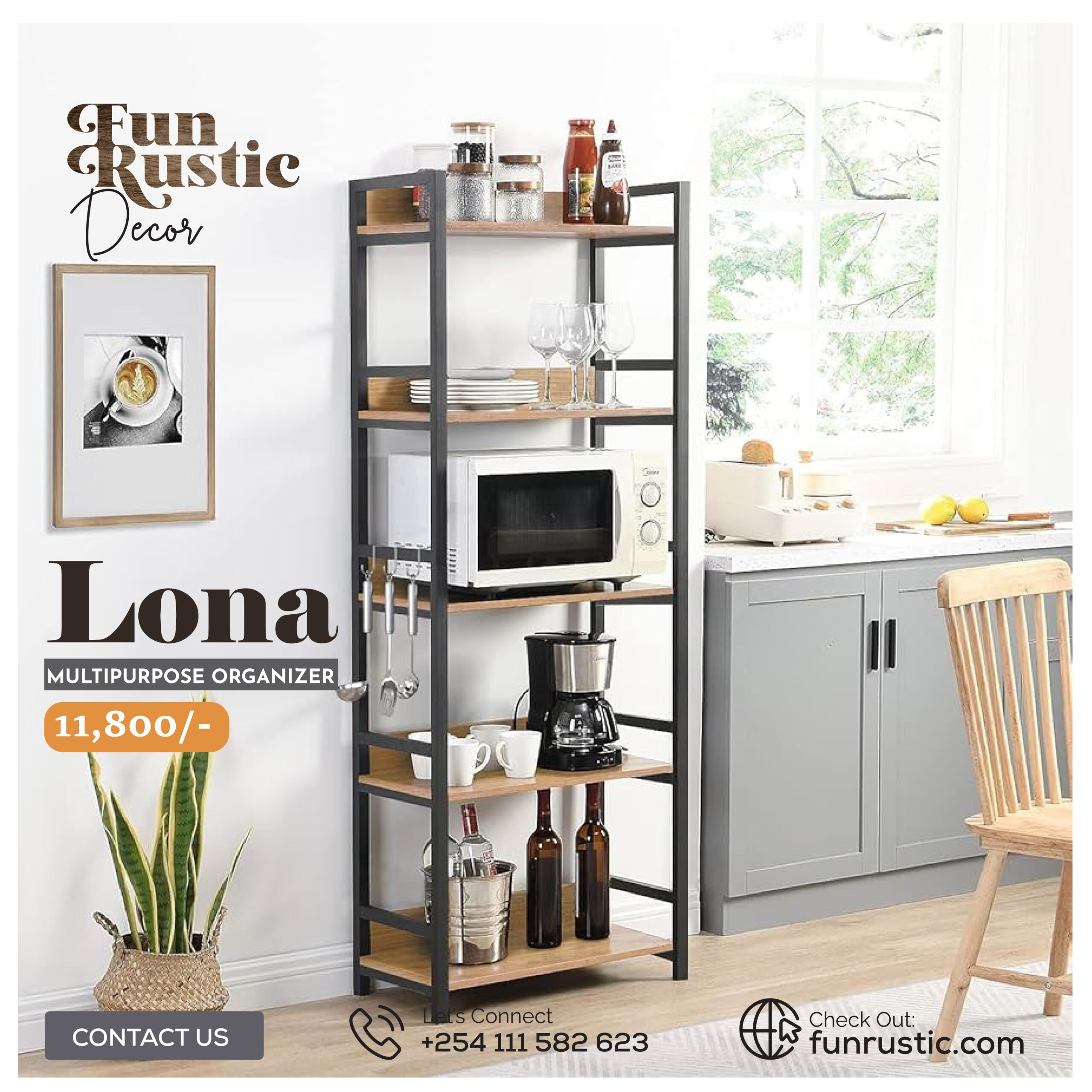 Lona, Multipurpose Storage Organizer Rack. Metallic & Wood Stand, 166 x 60 x 39 cm
